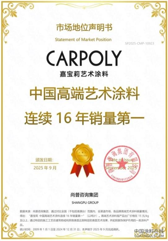 2.jpg 嘉宝莉荣获尚普咨询集团系列市场地位声明 中国涂料在线,coatingols.com
