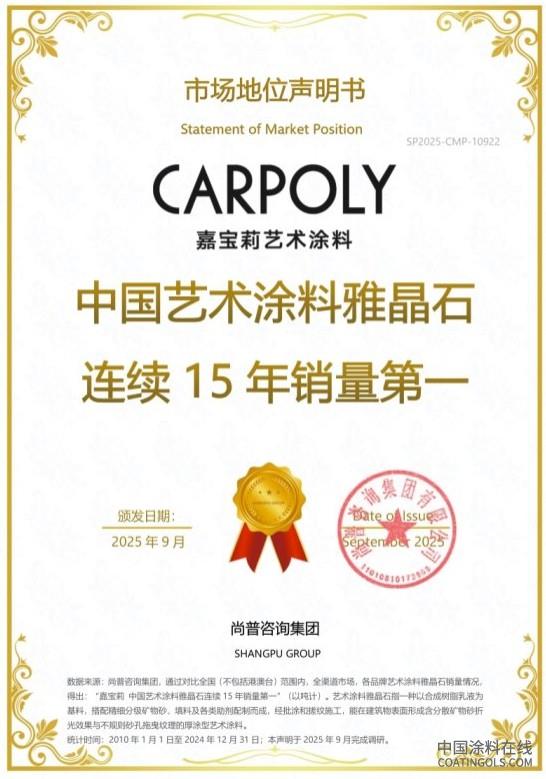 3.jpg 嘉宝莉荣获尚普咨询集团系列市场地位声明 中国涂料在线,coatingols.com